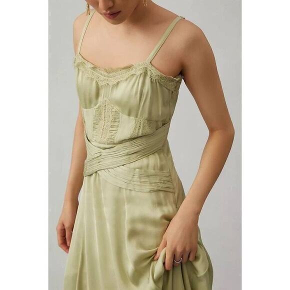 Anthropologie Let Me Be Satin Green Lace Trimmed Boho Midi Dress Size Large - Picture 4 of 13